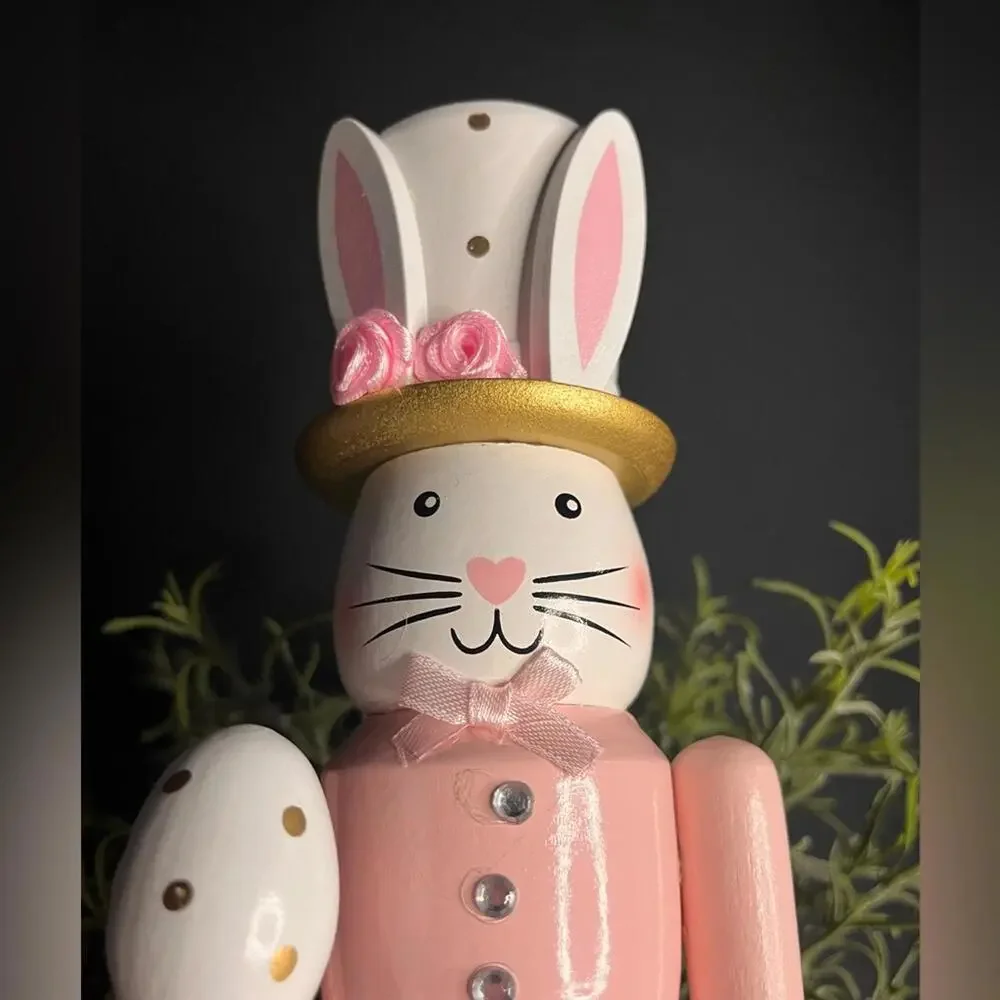 Wooden 13.5” Pink Easter Bunny Rabbit Nutcracker With Egg NWT